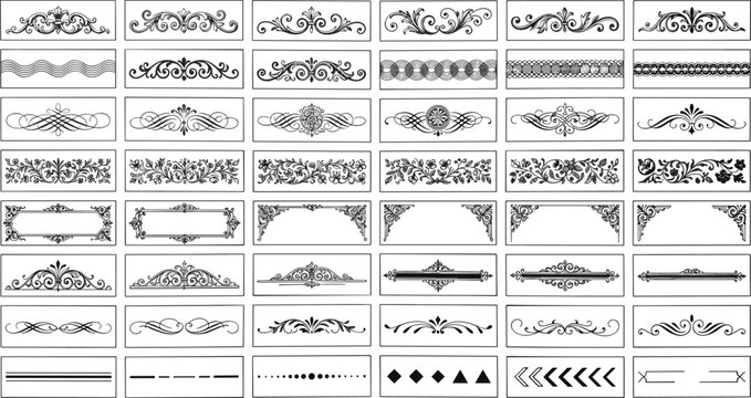 Vintage ornamental dividers collection black line art calligraphic borders filigree frames and decorative elements set for design decoration