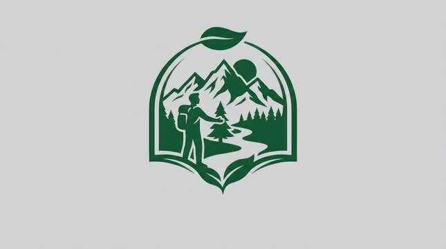 Hiker overlooking mountain landscape with river and trees logo emblem