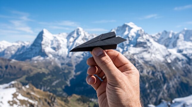 Paper plane held by a hand serves as a powerful metaphor for business growth and ambitious travel goals set against the towering peaks of the snowy alpine mountain range.