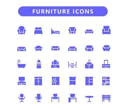 Furniture glyph icons set. Furnishings vector solid icons.