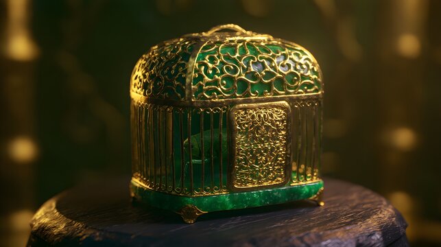 Luxurious Cricket Cage Miniature Artistry Jade Gold Filigree on Dark Wood Table