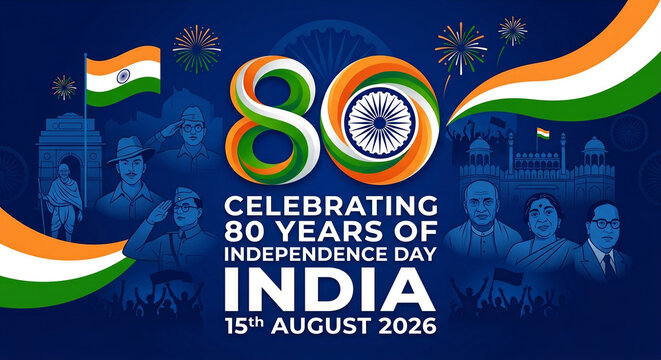 India's 80th Independence Day Celebration - August 15, 2026 - Patriotic Design with Indian Flag and Leaders