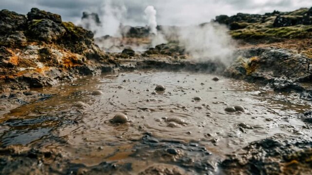 Bubbling volcanic mud pool with steam rising from geothermal activity in a textured rocky landscape