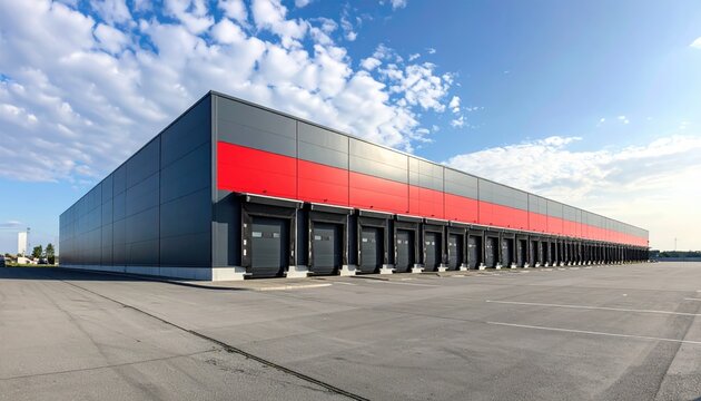 Large industrial building with multiple loading docks under a cloudy sky