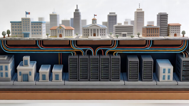 Smart city digital infrastructure connects government, business and public buildings to underground data centers, fiber networks and cloud servers for secure urban services.