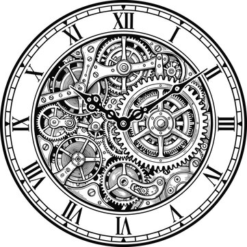 Vintage steampunk clock mechanism line art vector illustration featuring detailed internal gears cogs and Roman numeral face.