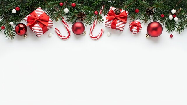 Christmas holiday border featuring festive red ornaments, striped candy canes, and wrapped gift boxes arranged on lush green pine branches against a clean white background, for seasonal decor
