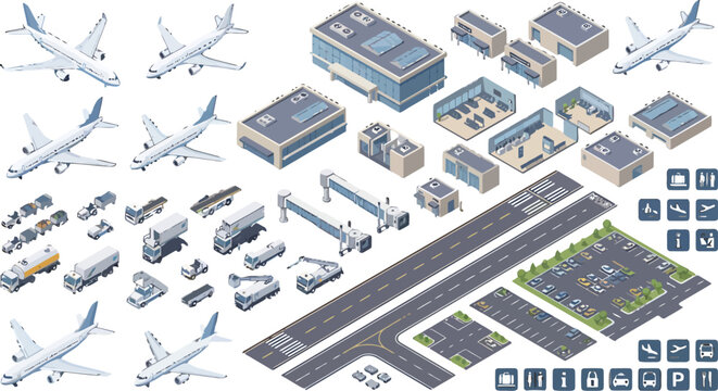 Isometric airport infrastructure set with airplanes terminal buildings ground support vehicles runway and navigation icons vector illustration