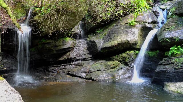 Donich falls Lochgoilhead Flowing Into Rock Pool in Lush Green Forest 