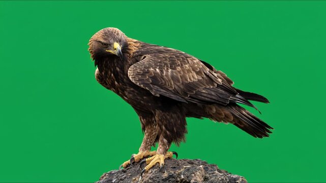 Realistic golden eagle turning head with natural blinking and feather movement on green screen isolated for wildlife and VFX compositing