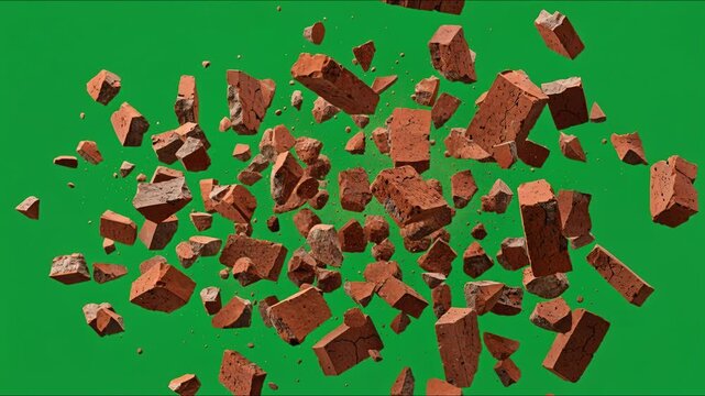 Realistic flying brick debris explosion with falling fragments on green screen isolated for VFX destruction and action compositing