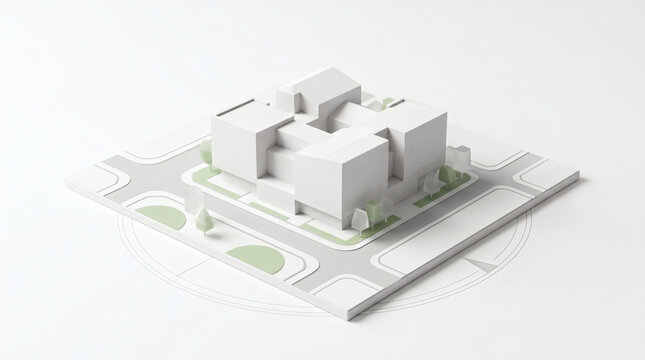 3D architectural massing study model featuring modern volumetric building blocks, surrounding street grid, perimeter landscaping, and a subtle compass base.