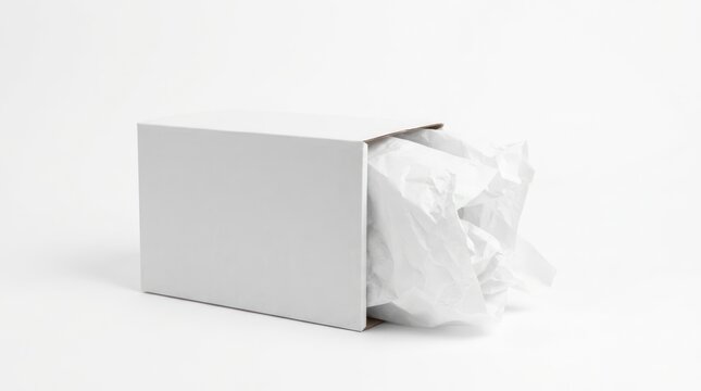 Open white box with crumpled tissue paper on white background