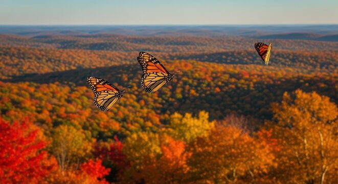 Monarch Butterflies Flying Over Autumn Forest Landscape