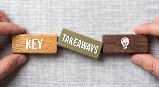 Hands holding wooden blocks with key takeaways text and lightbulb icon on gray background, business summary concept.