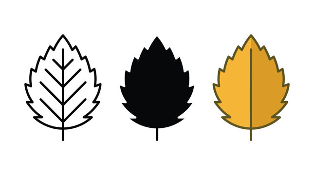 Set of three autumn leaf icons in outline black and yellow color styles Vector