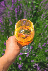 Obraz premium Wine in a lavender field. Selective focus.