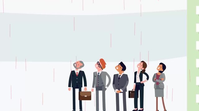 2D Animated Heavy Rain Pouring Outside Large Glass Window of Modern City Office Building Flat Vector Animation Footage