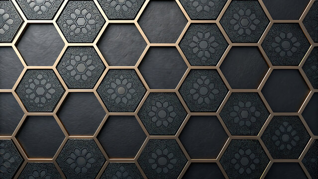 Dark ornate hexagonal tiles with metallic gold frame pattern