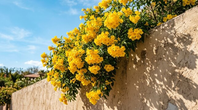 Yellow Tecoma Flowers Over Stucco Wall