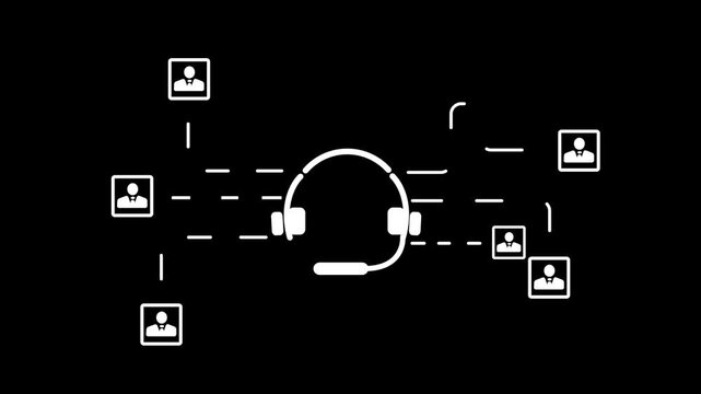 Centralized communication headset connecting to multiple user profile in a network diagram on a dark background representing remote teamwork and digital connectivity