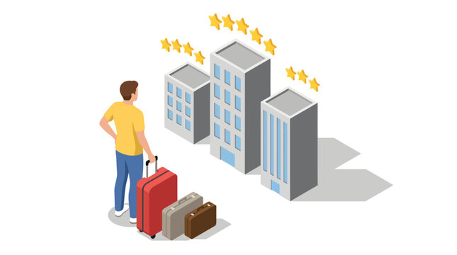 A male traveler stands with his three pieces of luggage, gazing at three silver hotel buildings adorned with glowing yellow rating stars in an isometric design, pondering which one to use for tonight