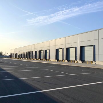Long, modern industrial building with many loading docks and a vast empty parking lot