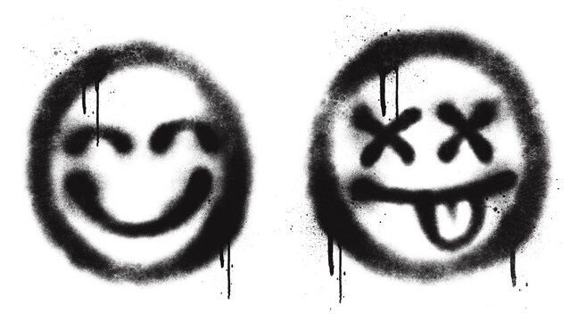 Smiley face spray paint graffiti tag illustration showcases urban happy and dead emoji character symbols. Grungy aerosol splatter dripping mark for modern streetwear t-shirt clip art.