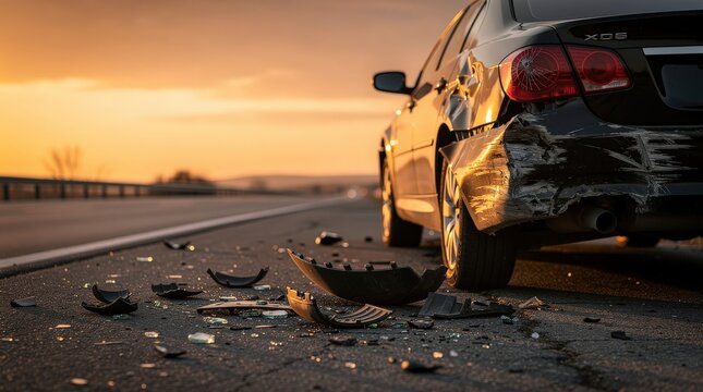 A damaged black car with a smashed rear bumper sits on a highway at sunset, surrounded by scattered debris from the accident.