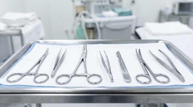 Sterile surgical instruments arranged on metal tray, forceps and scissors ready for operation, medical tools prepared for surgery in hospital operating room, healthcare and emer...