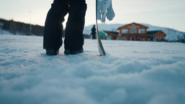 Active sport in winter, rest in luxury ski resort, legs of snowboarder on slope. Professional sportswear and equipment for skiing and snowboarding, enjoy life and freedom in vacation, by yourself