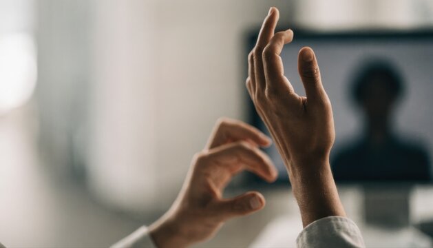 Two raised hands with fingers extended are captured in soft focus against a blurred background, suggesting expression or communication.
