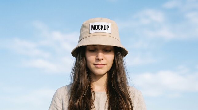 Young woman wearing beige bucket hat with blank mockup label, accessory