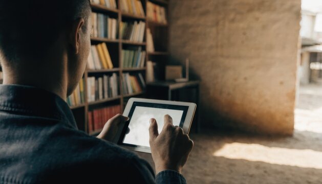 A person using a tablet indoors, surrounded by bookshelves filled with books, in a warmly lit, rustic room with a concrete wall and open doorway letting in natural light.