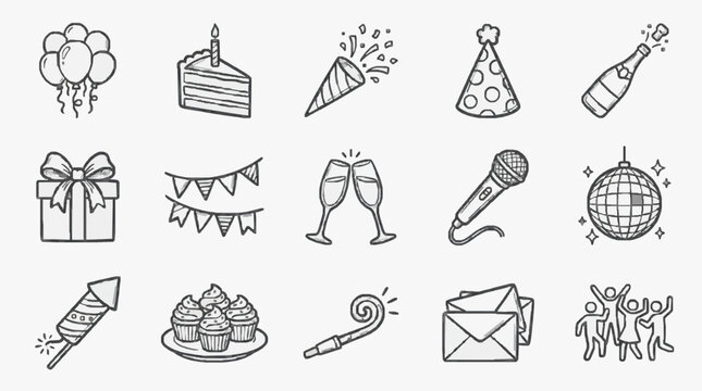 Modern Black and White Line Drawing Set of Party and Celebration Icons Featuring Balloons Cake Champagne Gifts and More