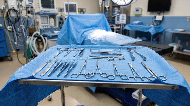 Sterile surgical instruments arranged on blue drape in operating room, medical tools ready for surgery procedure, scalpel forceps scissors clamps prepared for operation, hospita...