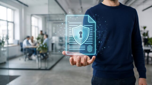 Identity access management concept with businessman projecting secure document hologram featuring biometric fingerprint authentication