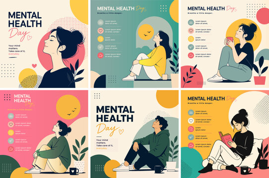 Mental Health Day social media post templates with modern flat illustrations, self-care concepts, mindfulness tips, wellness awareness, editable square layouts for campaigns and digital promotion.