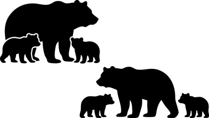 Black bear family silhouette vector set, two distinct groups of adult bears with cubs, wild animal graphic resource for nature and wildlife themes, isolated on white background © Raihan
