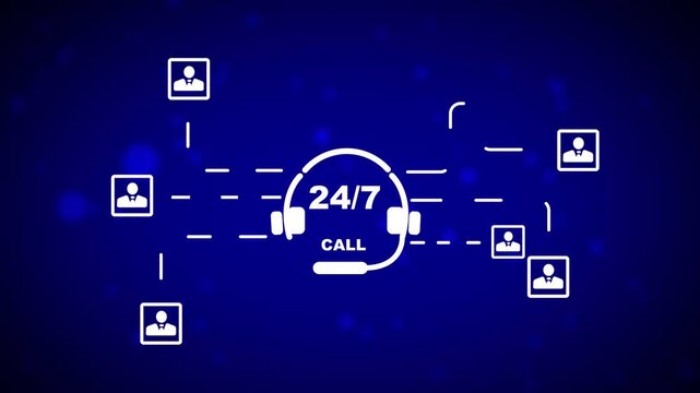 24/7 Call support with interconnected user profiles and a dark blue bokeh background representing global communication network and constant availability of telephone services