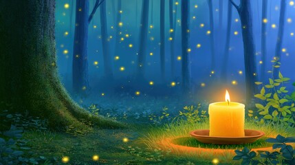 Glowing yellow candle in  mystical enchanted forest filled with magic fireflies © donchanu