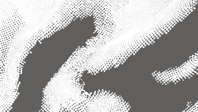 Abstract background, with white halftone, dot patterns, wavy, grid textures and, dark gray organic, shapes on a, solid gray backdrop
