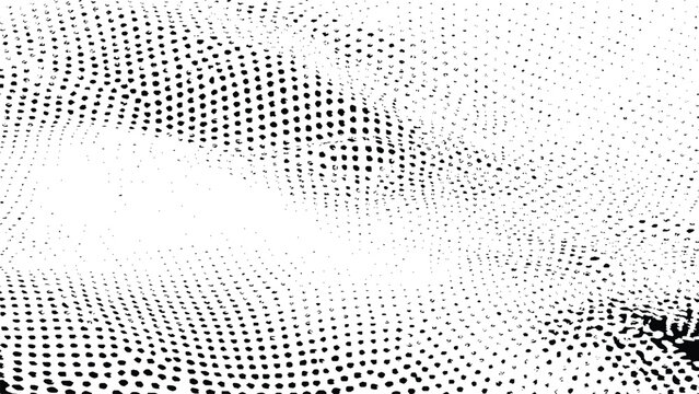 Black and white abstract background, with a distorted, halftone dot pattern, creating a wavy, three-dimensional rippled surface effect