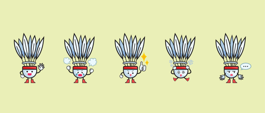 Cute red and white shuttlecock badminton ball mascot characters with expression and pose colorful illustration set bundle drawing.