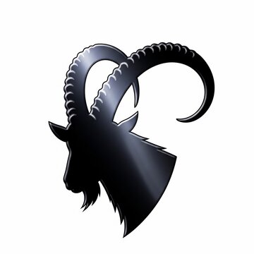 Black silhouette of a horned ram head profile, stylized graphic, isolated on white background.