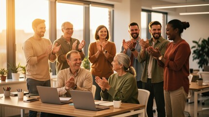 Obraz premium A diverse group of coworkers applauding and smiling in a modern office setting, celebrating success or teamwork.