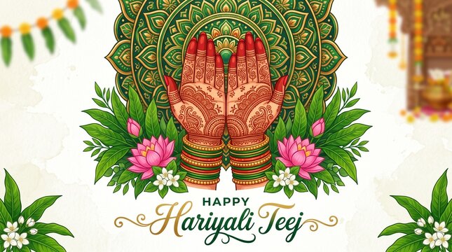 Hariyali Teej festival greeting with henna hand, floral pattern and text
