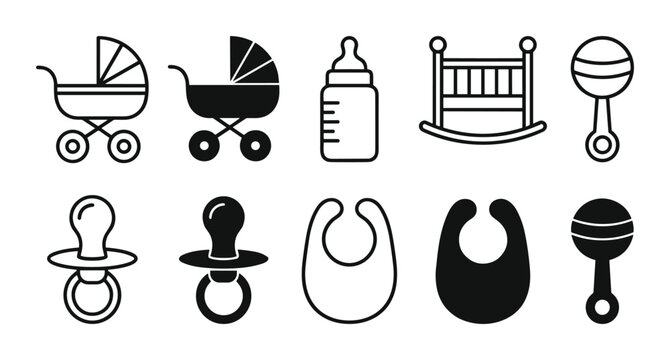 Infant equipment vector icons featuring carriage bottle bib and crib