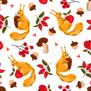 Autumn seamless pattern with squirrels, apples, mushrooms, berries and acorns. Woodland background. Cute wild animals lives. 