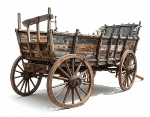 Obraz premium Weathered wooden cart with large spoked wheels on a white background